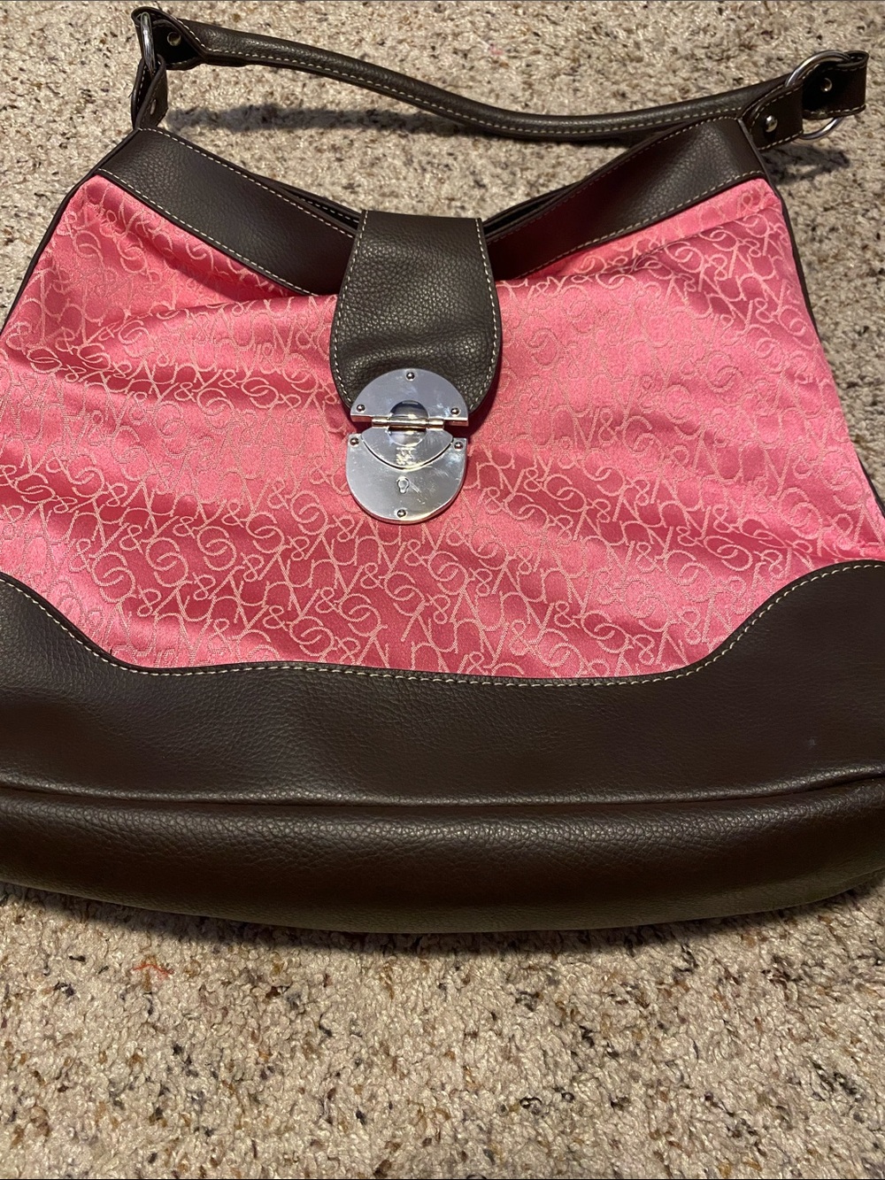 New York & Company Pink and Brown Signature Shoulder Bag with Silver Hardware